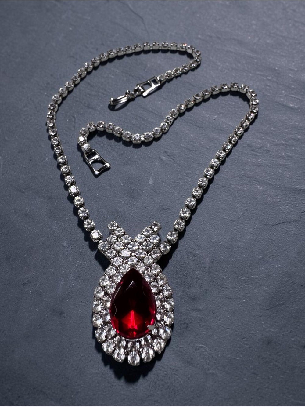 Vintage 1950s Mid-Century Ruby Red & Clear Rhinestone Statement Necklace